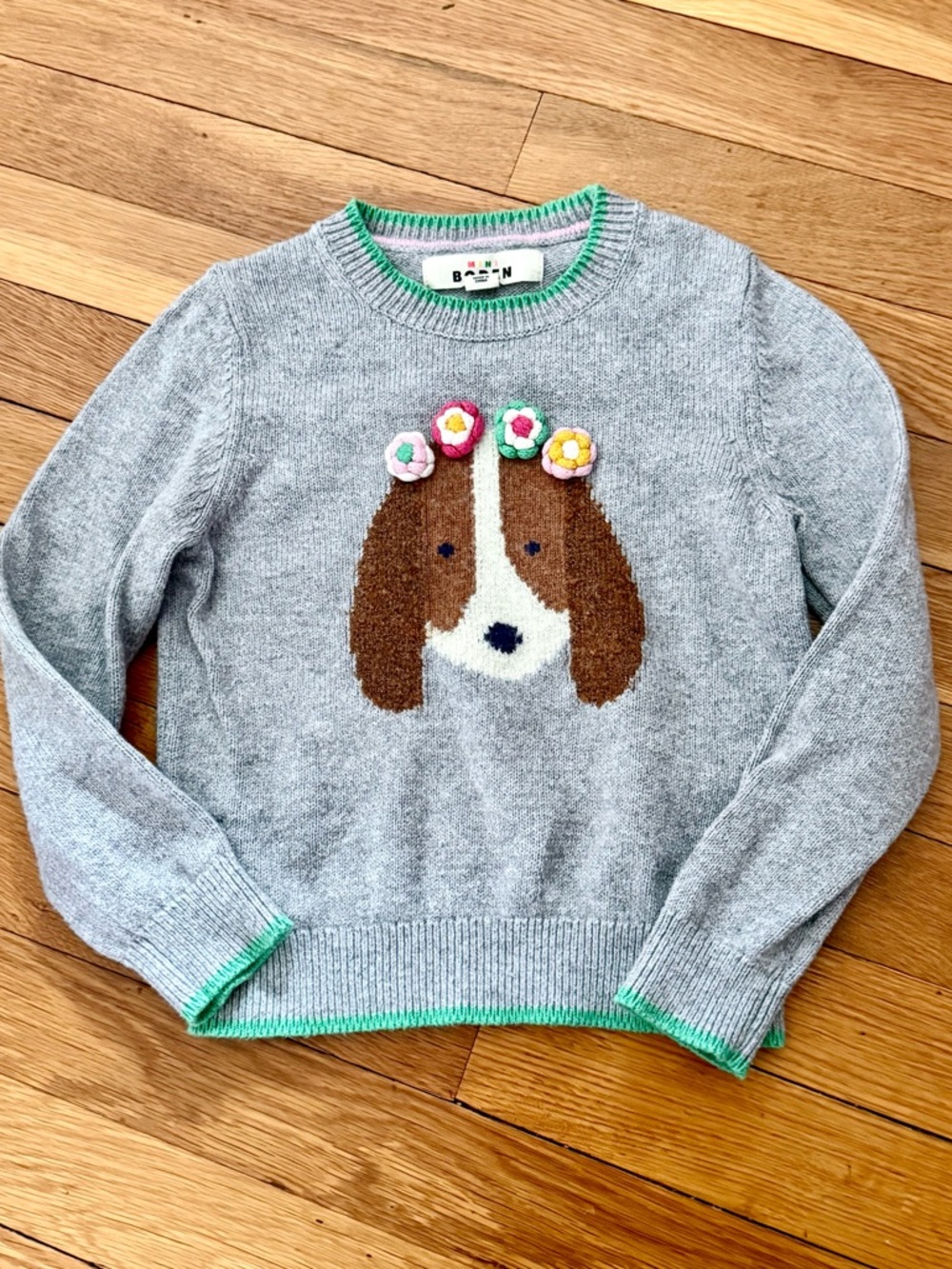 Mini Boden 4-5Y Grey Puppy 3D Floral Pullover Wool Blend Crewneck Sweater